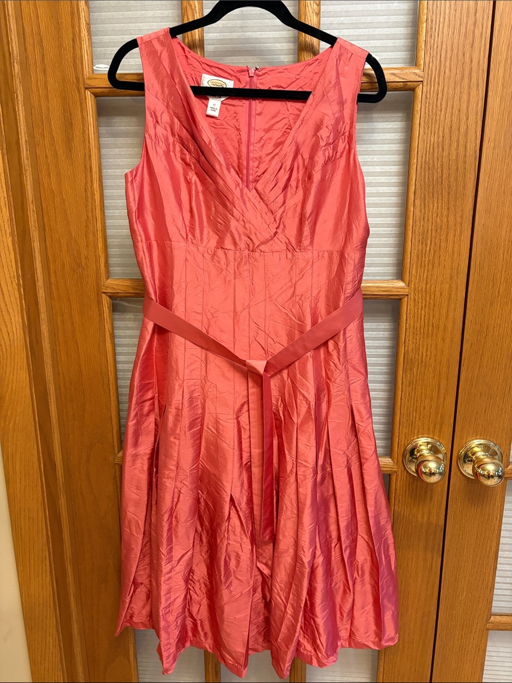 Talbots Coral Silk Pleated Midi Dress with Waist Sash